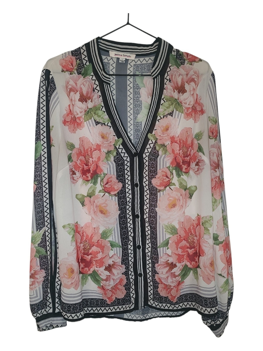 Jealous Tomato Floral V-Neck Button Front Blouse With Slit Long Sleeves- Pink